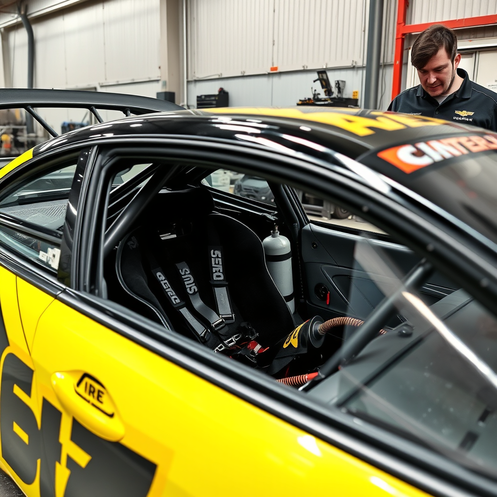 Drift car in a paddock with a specialist reviewing the build sheet and roll cage